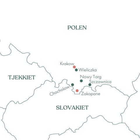 Kort over rejsen til Krakow, Zakopane og Tatrabjergene i Polen med Vitus Rejser.