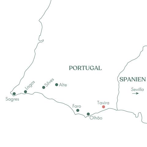 Kort over ruteplan for rejsen Algarvekysten og Tavira Langtidsrejse med Vitus Rejser.