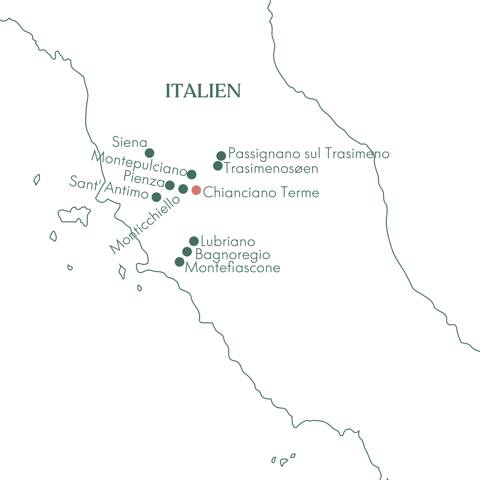 Kort og ruteplan over Toscana og Lazio Vandreferie med Vitus Rejser.