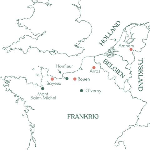 Kort over rejse til Normandiet og Invasionskysten i Frankrig.