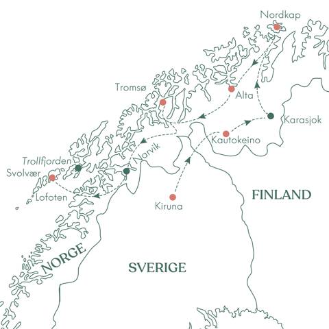 Kort og ruteplan for rejsen til Nordkap, Lofoten og Kiruna med Vitus Rejser.