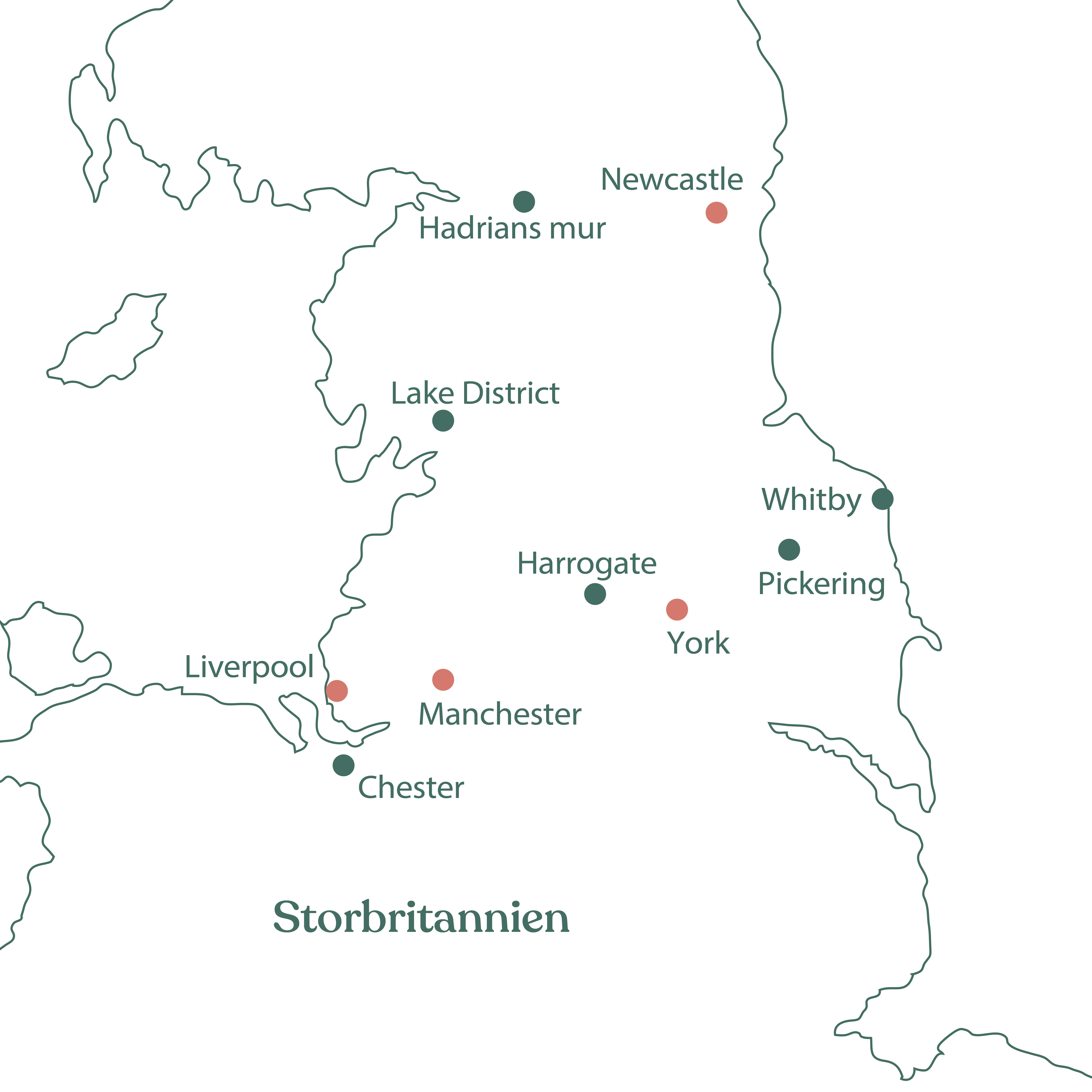 Kort over rejsen På opdagelse i Nordengland med Vitus Rejser.