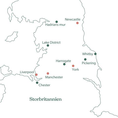 Kort over rejsen På opdagelse i Nordengland med Vitus Rejser.