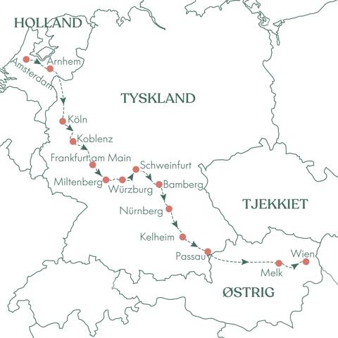 Kort over krydstogt fra Amsterdam til Wien på Rhinen, Main og Donau med Vitus Rejser.