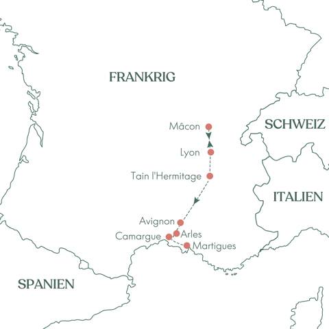 Kort og ruteplan over flodkrydstogt i Frankrig på Rhone og Saone med Vitus Rejser.