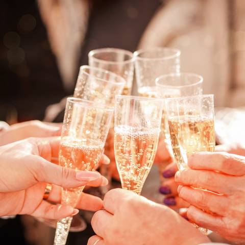 Syv hænder med champagneglas skåler.