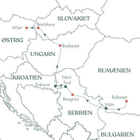 Rutekort over rejsen Donau 7 Lande og 4 Hovedstæder med Vitus Rejser.
