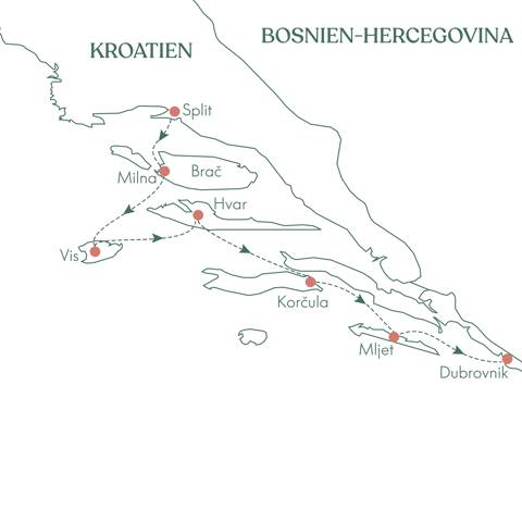Kort og ruteplan over Skærgårdskrydstogt i Kroatien med Vitus Rejser.