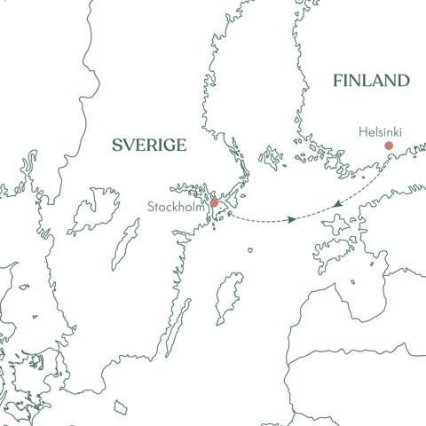 Kort og ruteplan over Togrejse Stockholm med minikrydstogt til Helsinki med Vitus Rejser.
