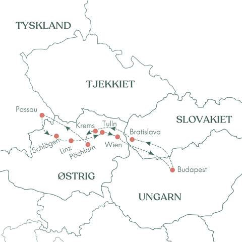 Rutekort over rejsen Cykelkrydstogt på Donau med Vitus Rejser.