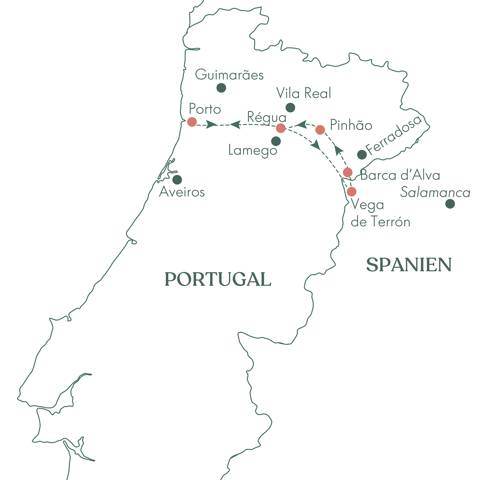 Kort og ruteplan på rejsen Douro Portvinsruten med Vitus Rejser.