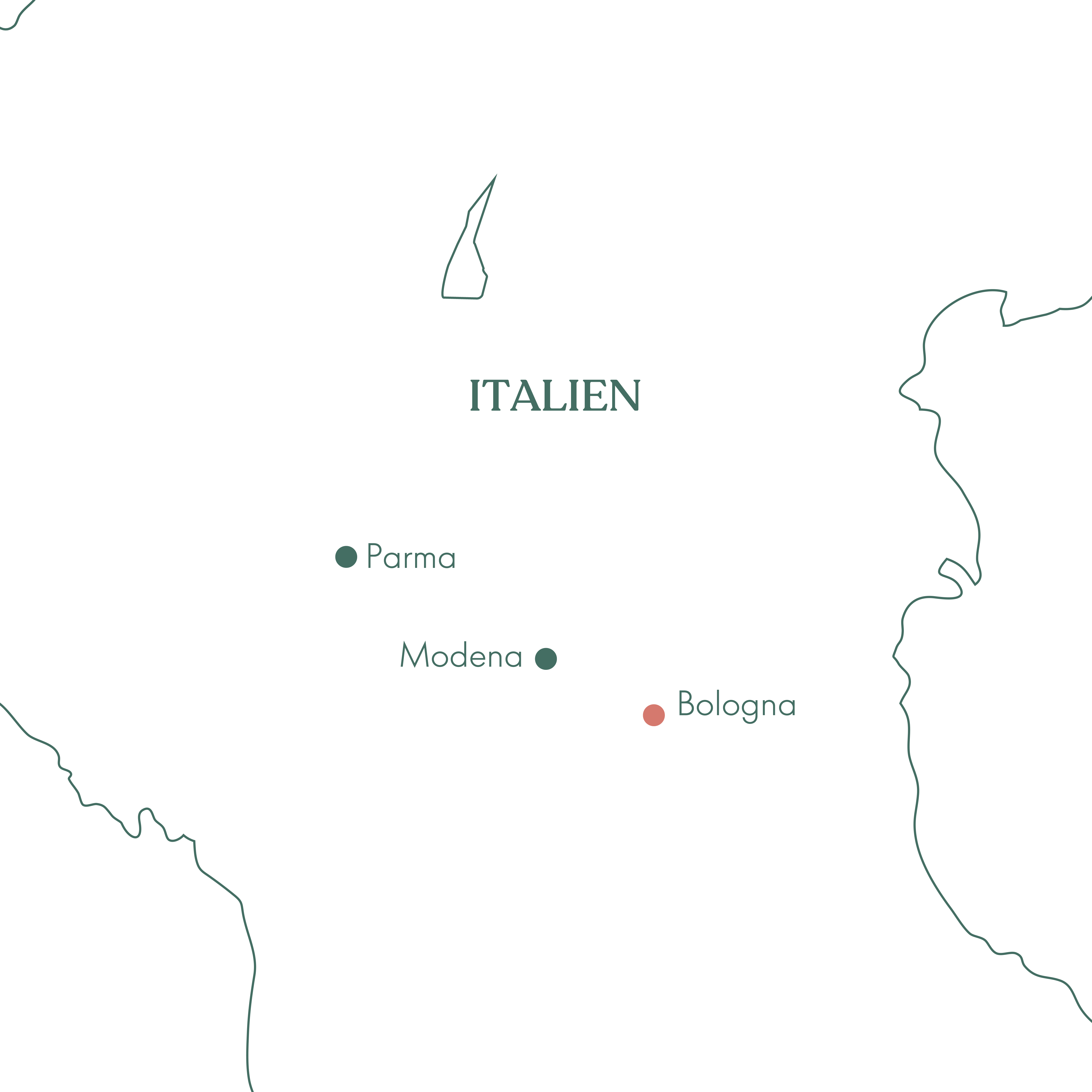 Rutekort over rejsen til Bologna, Modena og Parma med Vitus Rejser.