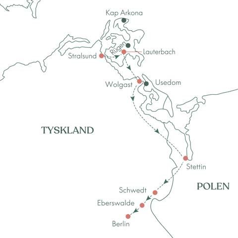 Rutekort over rejsen Oder og bifloder · Krydstogt fra Stralsund til Berlin med Vitus Rejser.