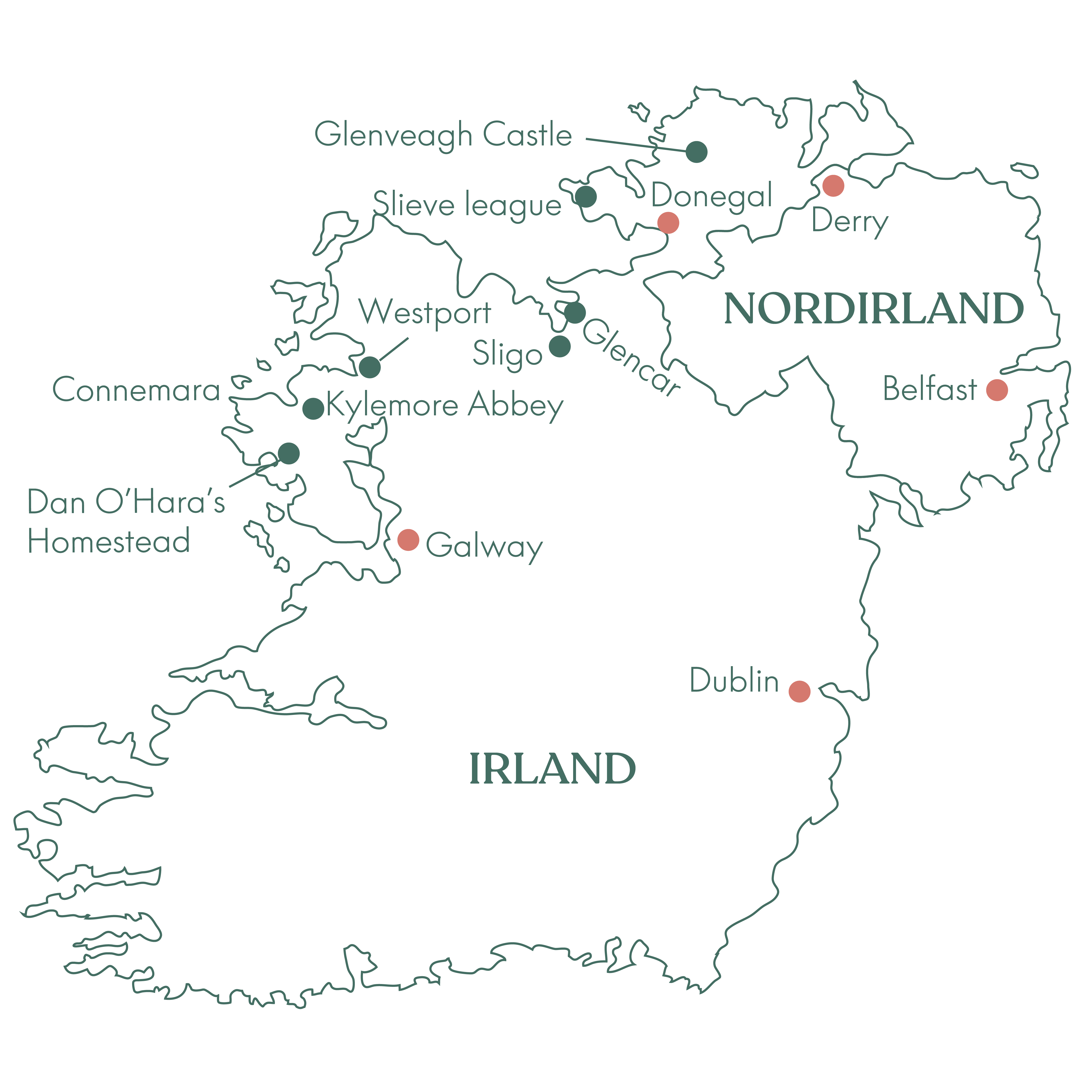 Rutekort over Vitus Rejser rundrejse til Irland og Nordirland.