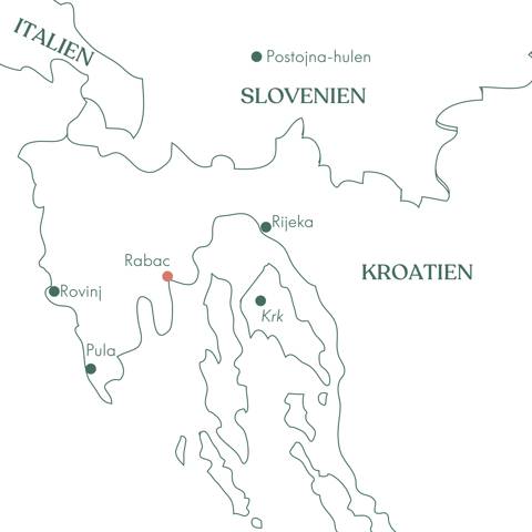 Rutekort over Kroatien og Vitus Rejsers singlerejse til den kroatiske riviera.