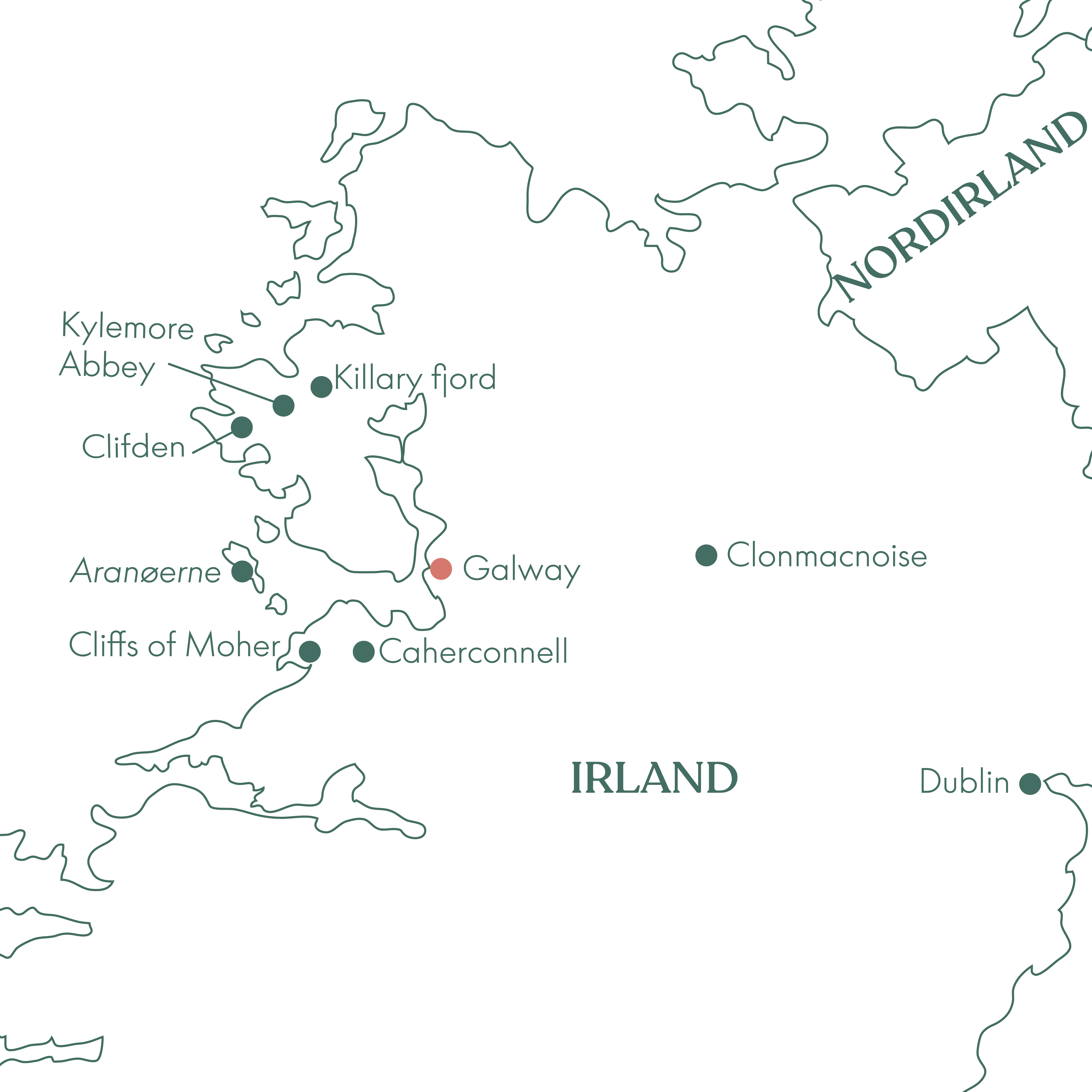 Kort over rejsen Den Irske Vestkyst Singlerejse med Vitus Rejser.