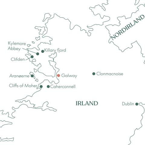 Kort over rejsen Den Irske Vestkyst Singlerejse med Vitus Rejser.