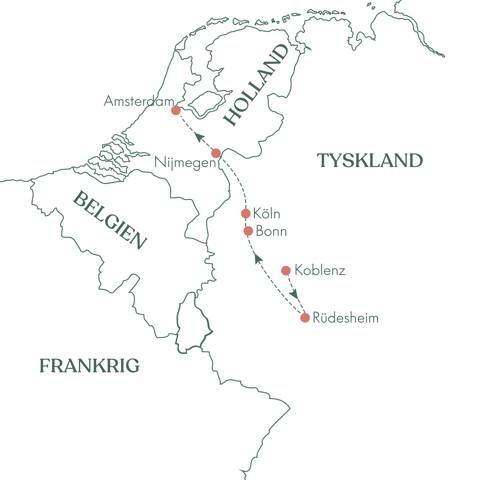 Kort og ruteplan over Fødselsdagskrydstogt på Rhinen fra Koblenz til Amsterdam med Vitus Rejser.