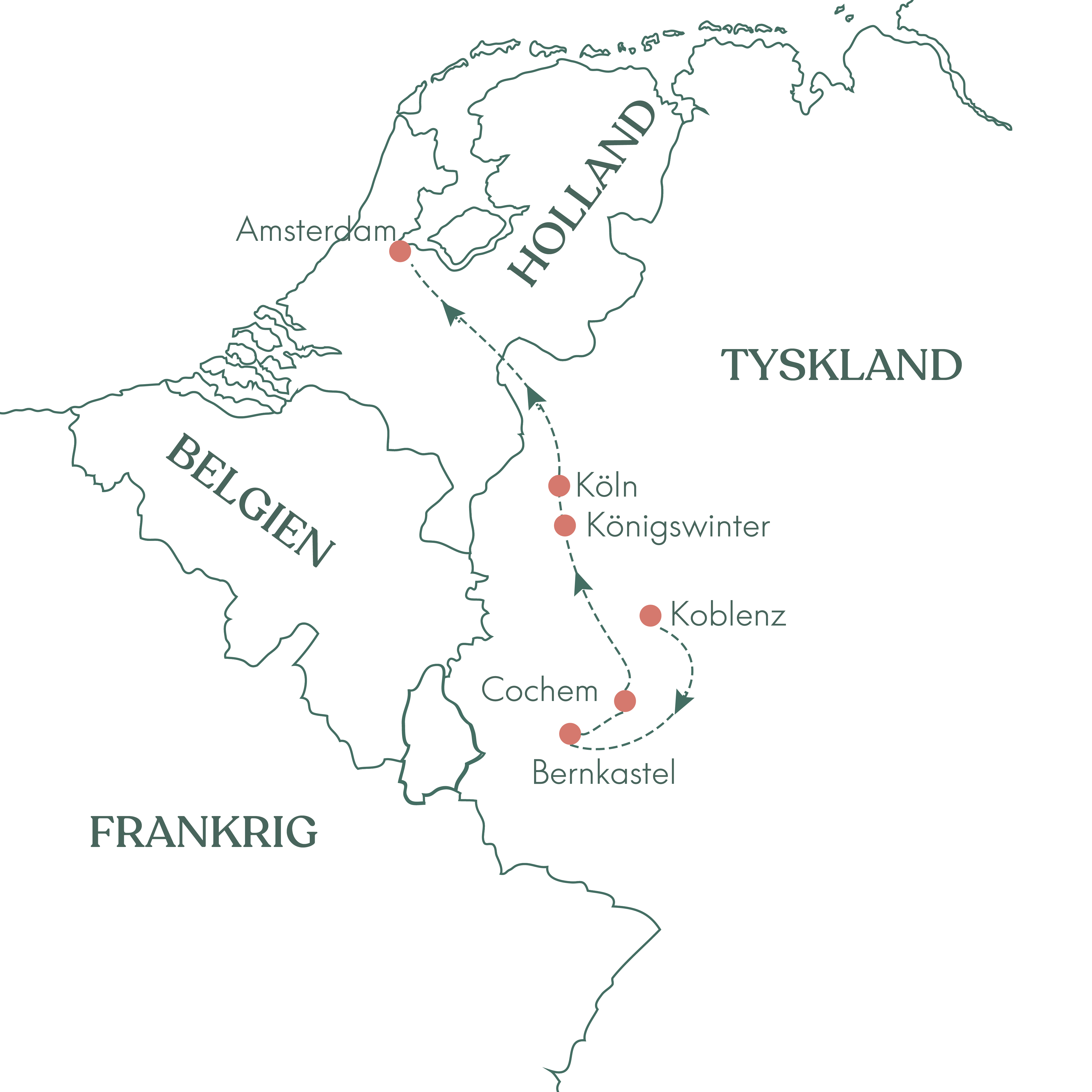 Kort over rejsen Fødselsdagskrydstogt på Mosel og Rhinen med Vitus Rejser.