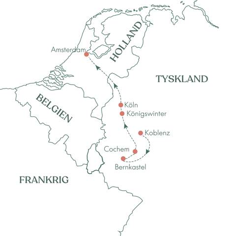 Kort over rejsen Fødselsdagskrydstogt på Mosel og Rhinen med Vitus Rejser.