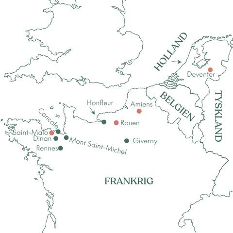 Kort over rejse til Normandiet og Bretagne med Vitus Rejser .