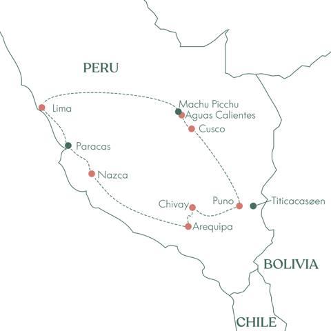 Kort over rejsen Peru · Rundrejse · På eventyr i Inkariget med Vitus Rejser.