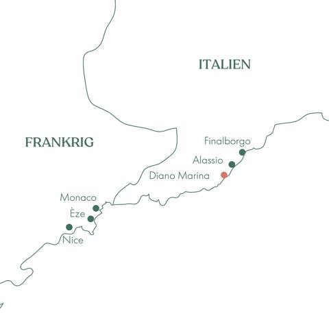 Kort over rejsen Ligurien · Hvor Italien møder Frankrig med Vitus Rejser.