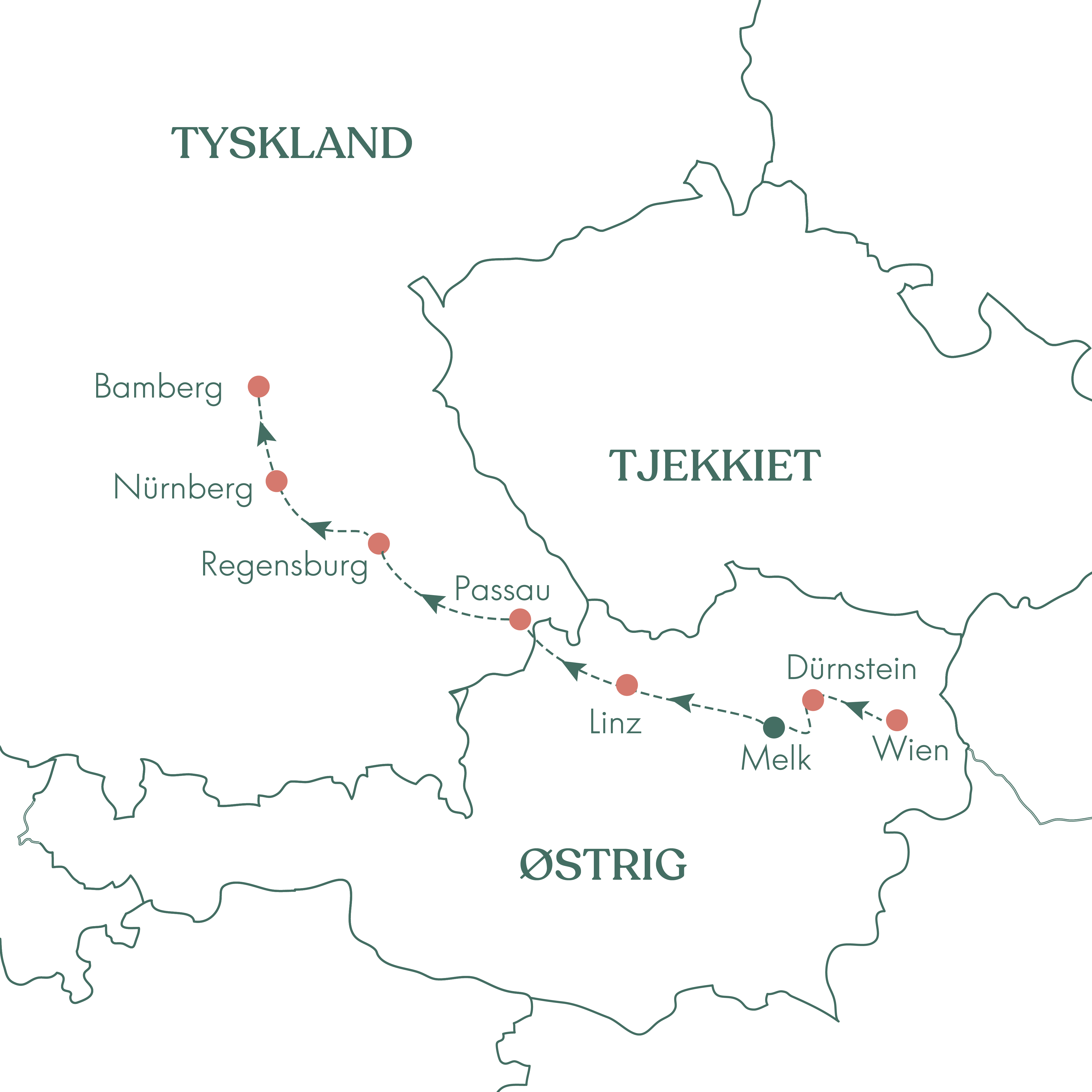 Rutekort over Østrig of Vitus Rejser flodkrydstogt fra Wien til Bamberg i Tyskland.