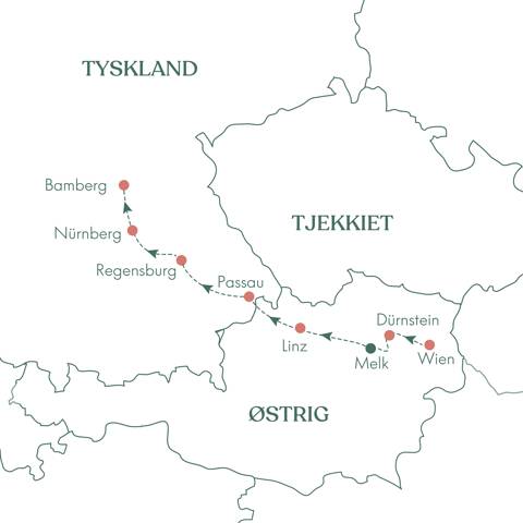Rutekort over Østrig of Vitus Rejser flodkrydstogt fra Wien til Bamberg i Tyskland.