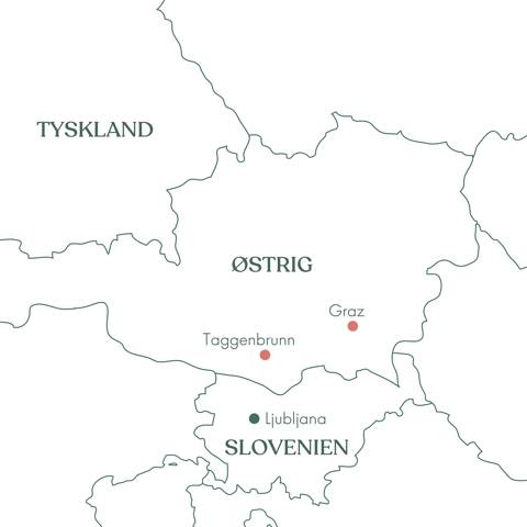 Kort over rejsen til Kärnten & Steiermark · Vingården Taggenbrunn & Graz i Østrig med Vitus Rejser.