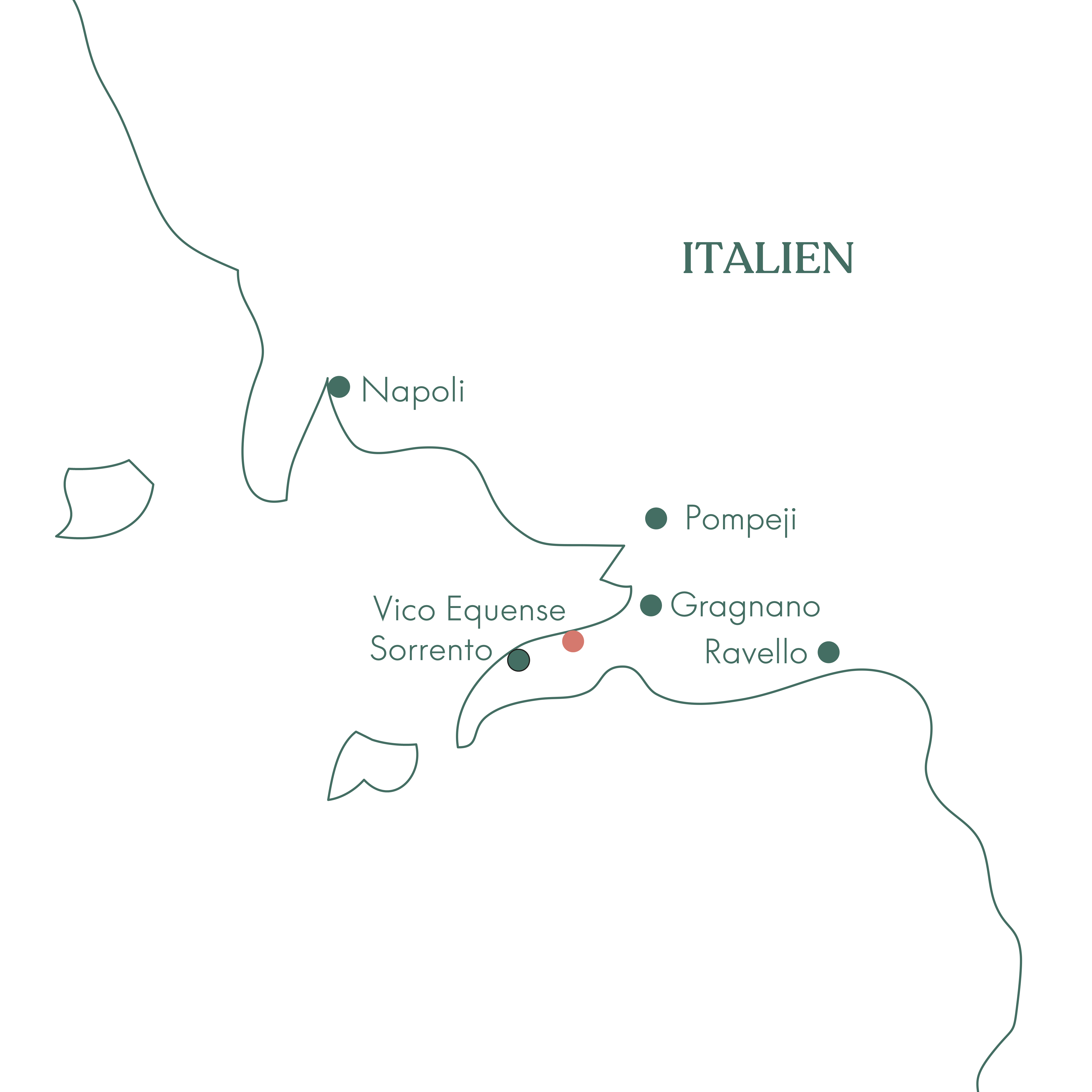 Kort over rejsen til Sorrentohalvøen og Vico Equense med Vitus Rejser.