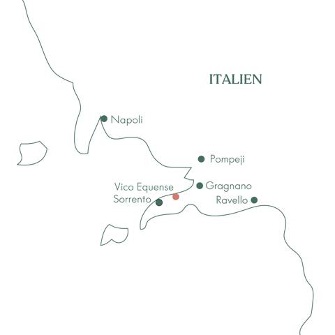 Kort over rejsen til Sorrentohalvøen og Vico Equense med Vitus Rejser.