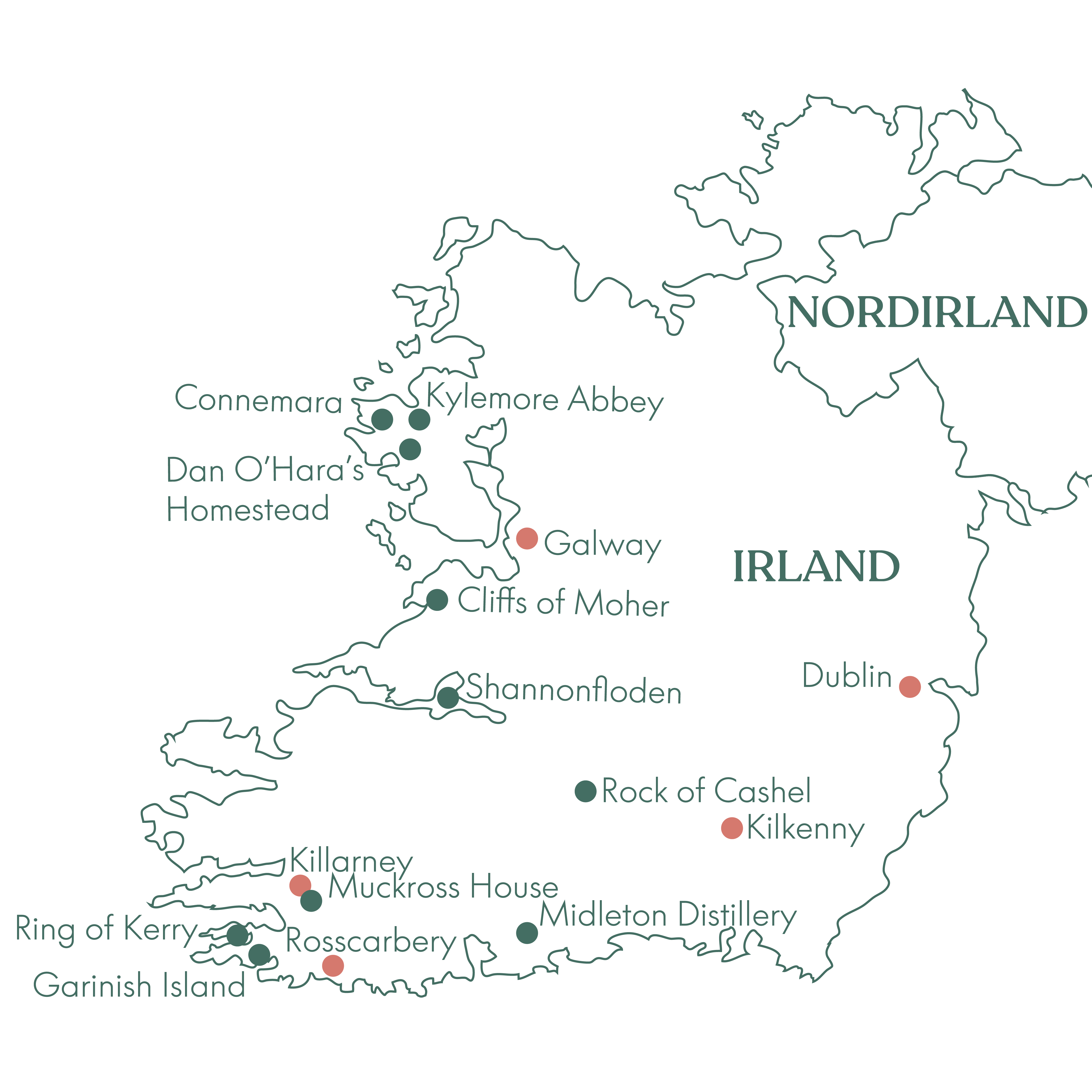 Rutekort over Irland og rejsen til den grønne ø med Vitus Rejser.