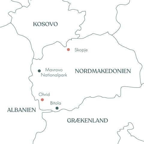 Kort over rejsen til Nordmakedonien, Skopje og Ohrid med Vitus Rejser.