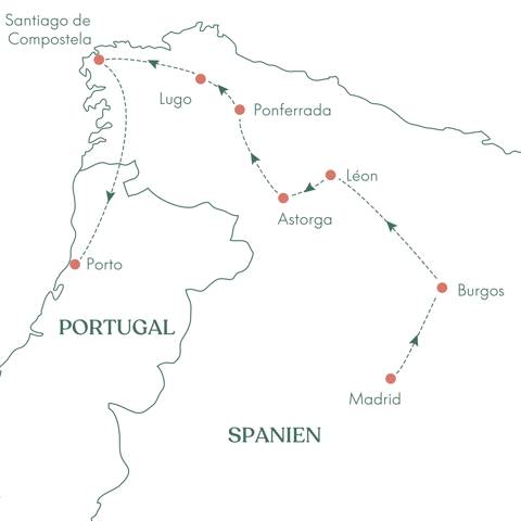 Kort over rejsen Pilgrimsvejen Vandreferie på Caminoen med Vitus Rejser.