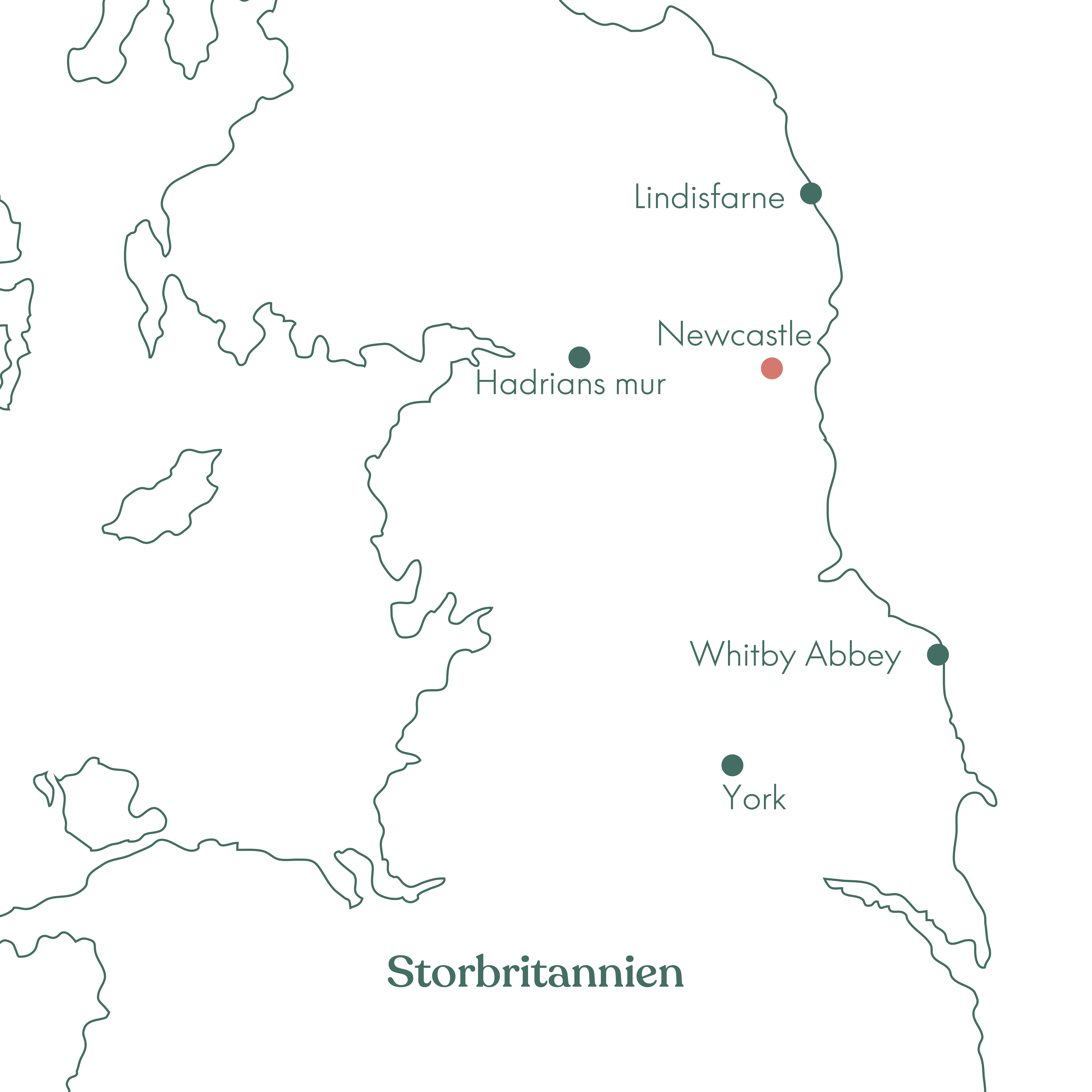 Kort over singlerejse til Newcastle og York i Nordengland med Vitus Rejser.