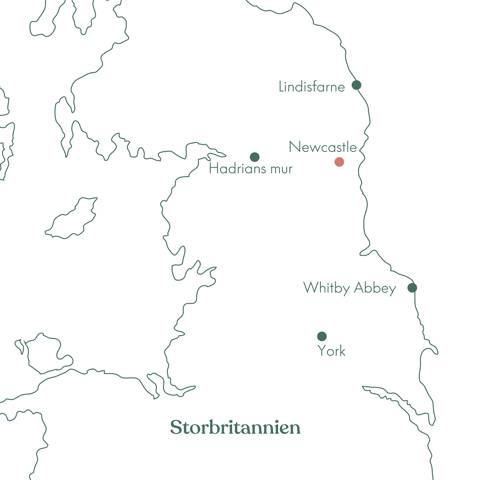 Kort over singlerejse til Newcastle og York i Nordengland med Vitus Rejser.