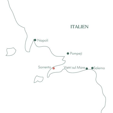 Kort over Vitus Rejsers julerejse til Sorrento i Italien.