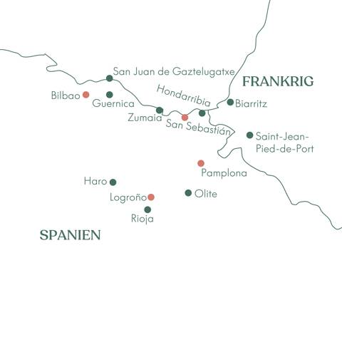 Kort og ruteplan på rejsen På opdagelse i Baskerlandet med Vitus Rejser.