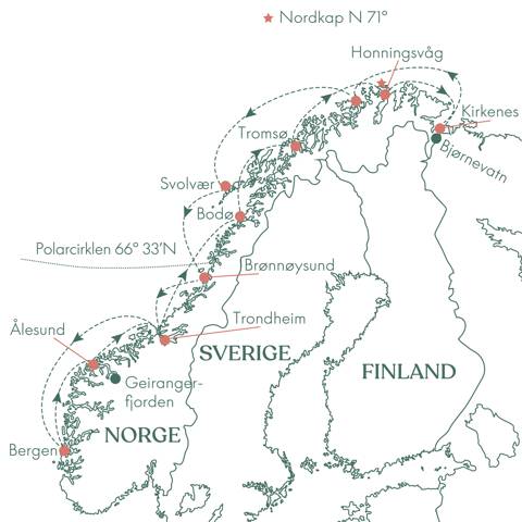 Kort over rejsen Hurtigruten · Den klassiske sejlads · Bergen - Kirkenes - Bergen med Vitus Rejser.