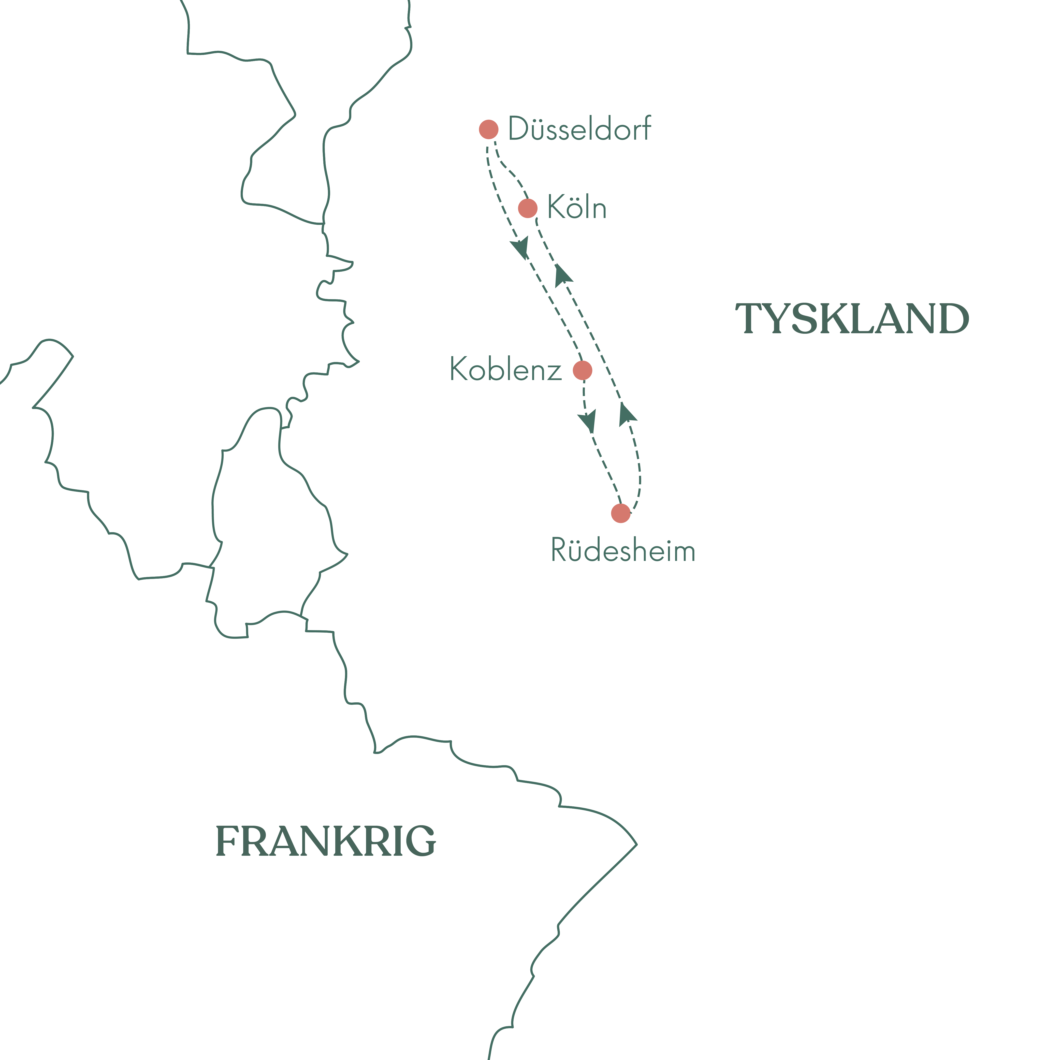 Rutekort over Tyskland og julekrydstogtet på Rhinen med Vitus Rejser.